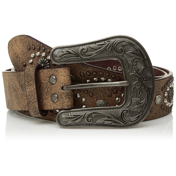 Women\'s Oval Center Stud Design Belt, Brown, Large💟